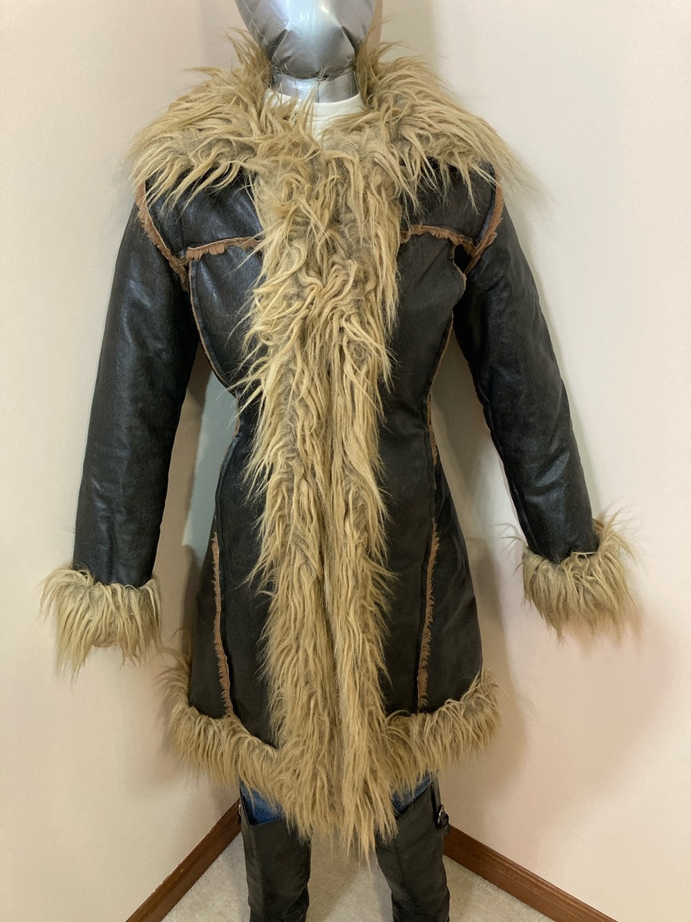 Le Chateau Black Faux Leather Coat with Tan Faux Fur Trim
